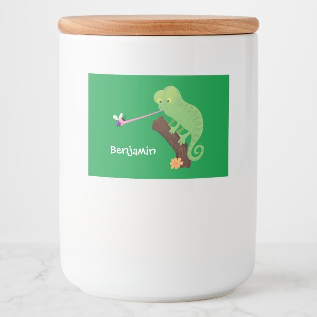 Cute funny green happy chameleon lizard cartoon food label (Front)