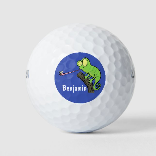 Cute funny green happy chameleon lizard cartoon golf balls (Front)
