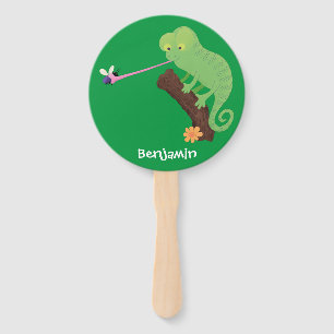 Cute funny green happy chameleon lizard cartoon hand fan