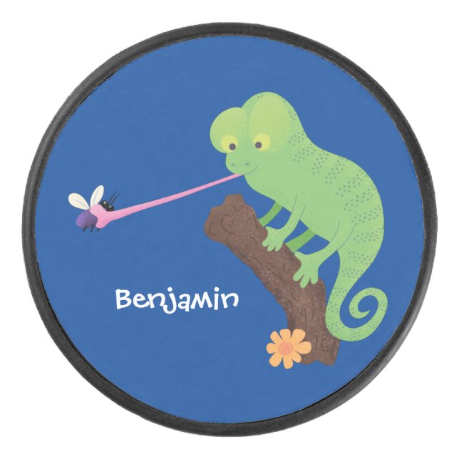 Cute funny green happy chameleon lizard cartoon hockey puck (Front)