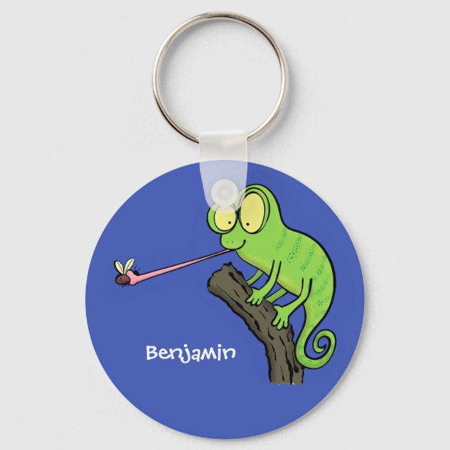 Cute funny green happy chameleon lizard cartoon keychain (Front)