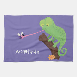 Cute funny green happy chameleon lizard cartoon kitchen towel