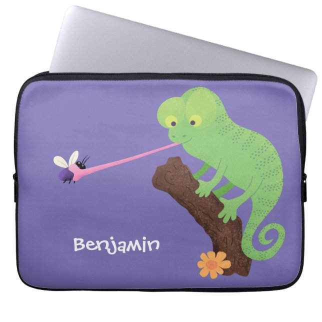 Cute funny green happy chameleon lizard cartoon laptop sleeve (Front)