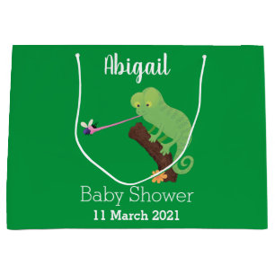 Cute funny green happy chameleon lizard cartoon large gift bag