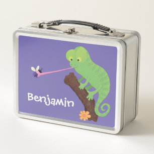 Cute funny green happy chameleon lizard cartoon metal lunch box