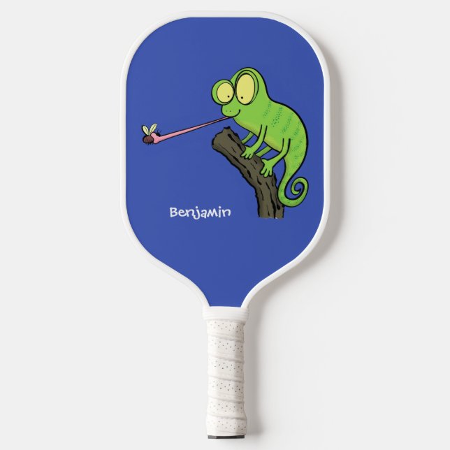Cute funny green happy chameleon lizard cartoon pickleball paddle (Front)