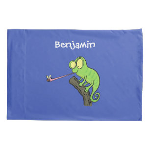 Cute funny green happy chameleon lizard cartoon pillowcase