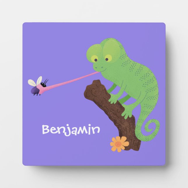 Cute funny green happy chameleon lizard cartoon plaque (Front)