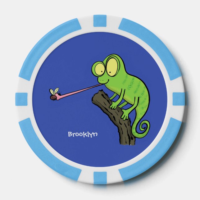 Cute funny green happy chameleon lizard cartoon poker chips (Front)