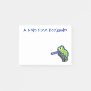 Cute funny green happy chameleon lizard cartoon post-it notes