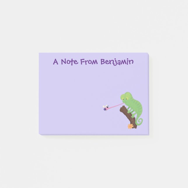 Cute funny green happy chameleon lizard cartoon post-it notes (Front)