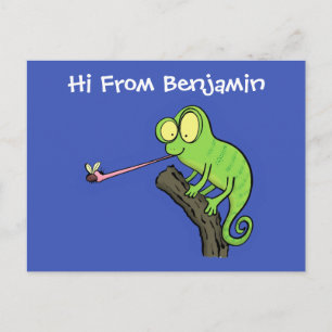 Cute funny green happy chameleon lizard cartoon postcard