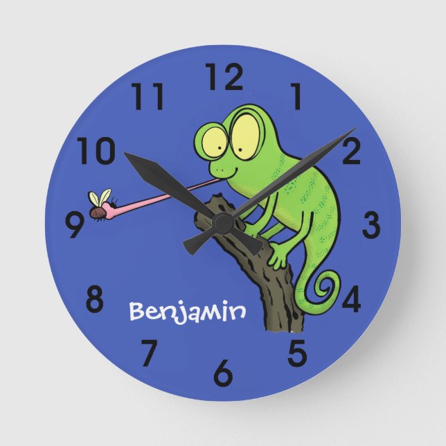Cute funny green happy chameleon lizard cartoon round clock (Front)