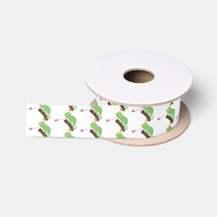 Cute funny green happy chameleon lizard cartoon satin ribbon