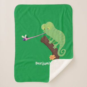 Cute funny green happy chameleon lizard cartoon sherpa blanket