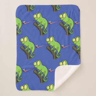 Cute funny green happy chameleon lizard cartoon sherpa blanket