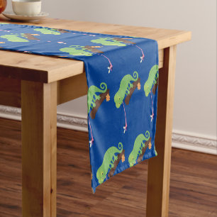 Cute funny green happy chameleon lizard cartoon short table runner