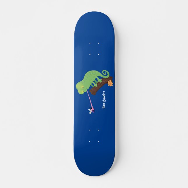 Cute funny green happy chameleon lizard cartoon skateboard (Front)
