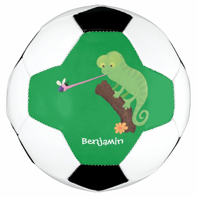 Cute funny green happy chameleon lizard cartoon soccer ball (Front)