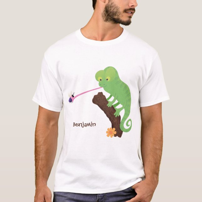 Cute funny green happy chameleon lizard cartoon T-Shirt (Front)