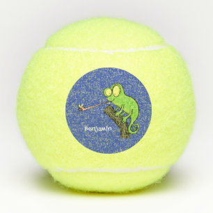 Cute funny green happy chameleon lizard cartoon tennis balls