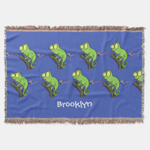 Cute funny green happy chameleon lizard cartoon throw blanket