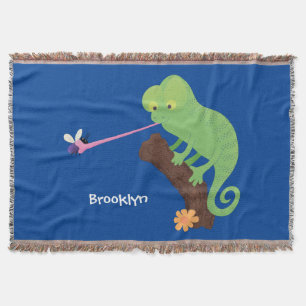 Cute funny green happy chameleon lizard cartoon throw blanket