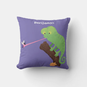 Cute funny green happy chameleon lizard cartoon throw pillow