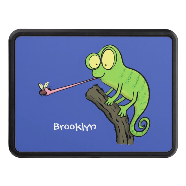 Cute funny green happy chameleon lizard cartoon trailer hitch cover (Front)