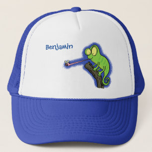 Cute funny green happy chameleon lizard cartoon trucker hat