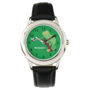 Cute funny green happy chameleon lizard cartoon watch