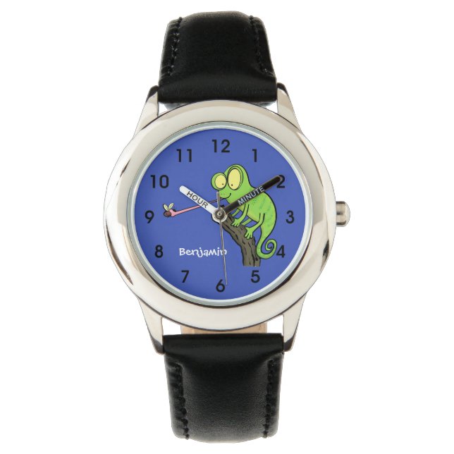 Cute funny green happy chameleon lizard cartoon watch (Front)