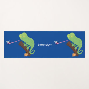 Cute funny green happy chameleon lizard cartoon yoga mat