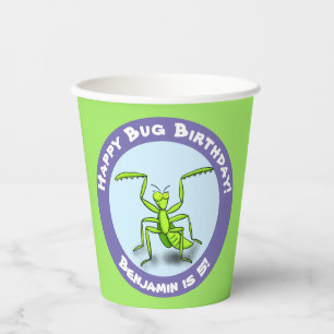Cute funny green praying mantis cartoon birthday paper cups