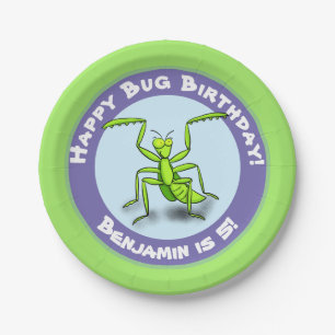 Cute funny green praying mantis cartoon birthday paper plate