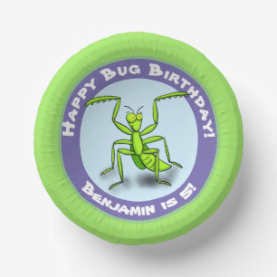 Cute funny green praying mantis cartoon birthday paper plate