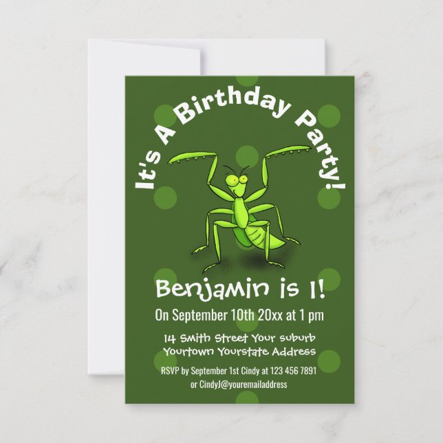 Cute funny green praying mantis cartoon invitation (Front)