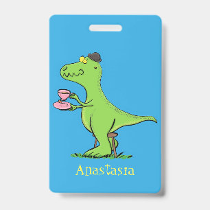 Cute funny green t rex dinosaur cartoon badge