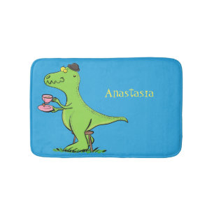 Cute funny green t rex dinosaur cartoon bath mat