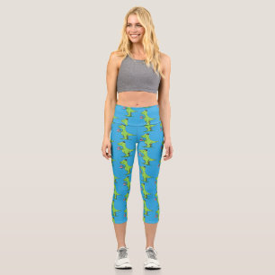 Cute funny green t rex dinosaur cartoon capri leggings
