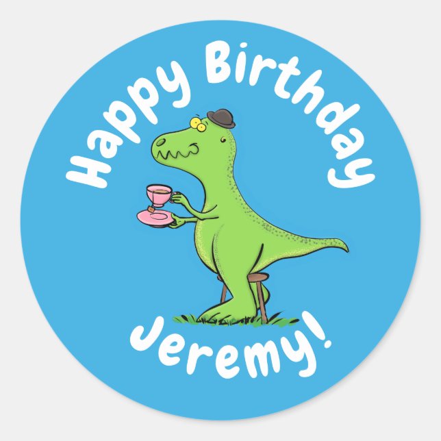 Cute funny green t rex dinosaur cartoon classic round sticker (Front)