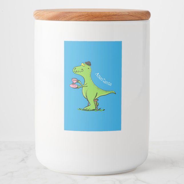 Cute funny green t rex dinosaur cartoon food label (Front)