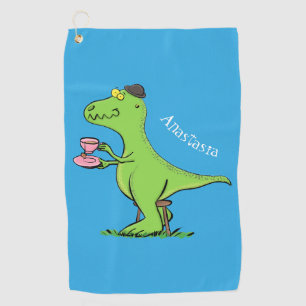 Cute funny green t rex dinosaur cartoon  golf towel