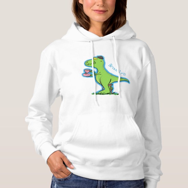 Cute funny green t rex dinosaur cartoon hoodie (Front)