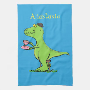 Cute funny green t rex dinosaur cartoon kitchen towel