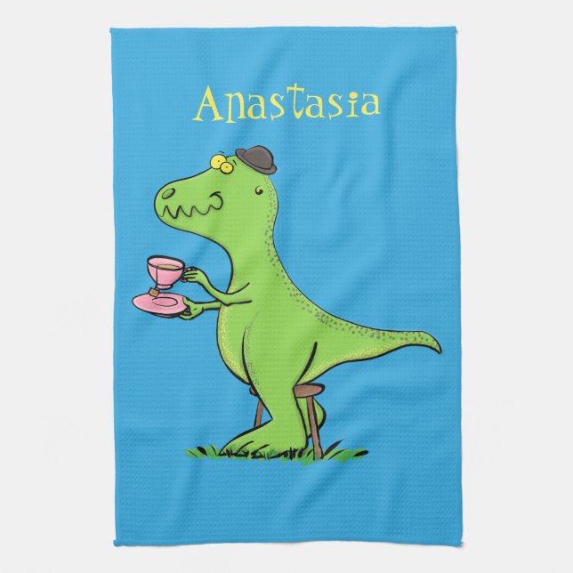 Cute funny green t rex dinosaur cartoon kitchen towel (Vertical)