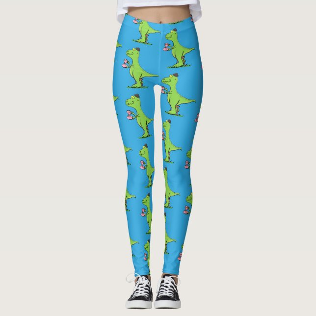 Cute funny green t rex dinosaur cartoon leggings (Front)