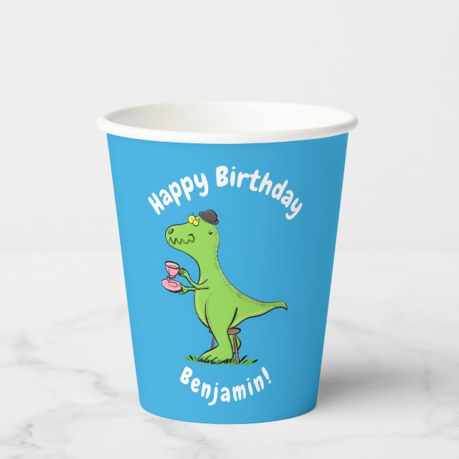 Cute funny green t rex dinosaur cartoon paper cups (Front)