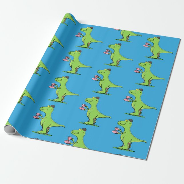 Cute funny green t rex dinosaur cartoon wrapping paper (Unrolled)