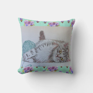 Cute Funny Grey Tabby Cat Kitten with Wool Cushion